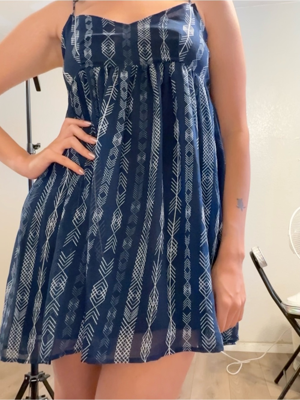 Navy Blue Printed Spaghetti Strap Dress